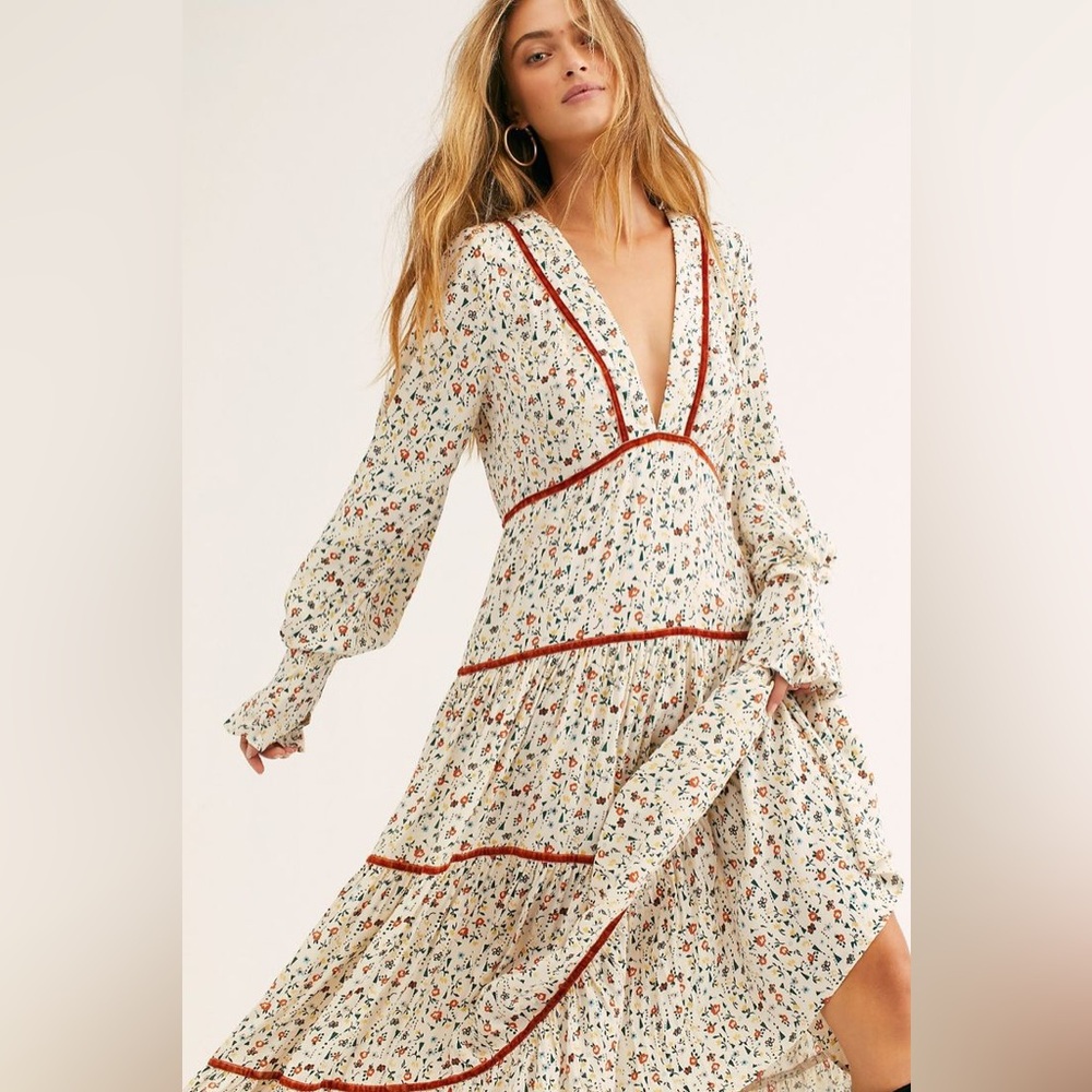 Free People Floral Midi Dress - Cream and Red